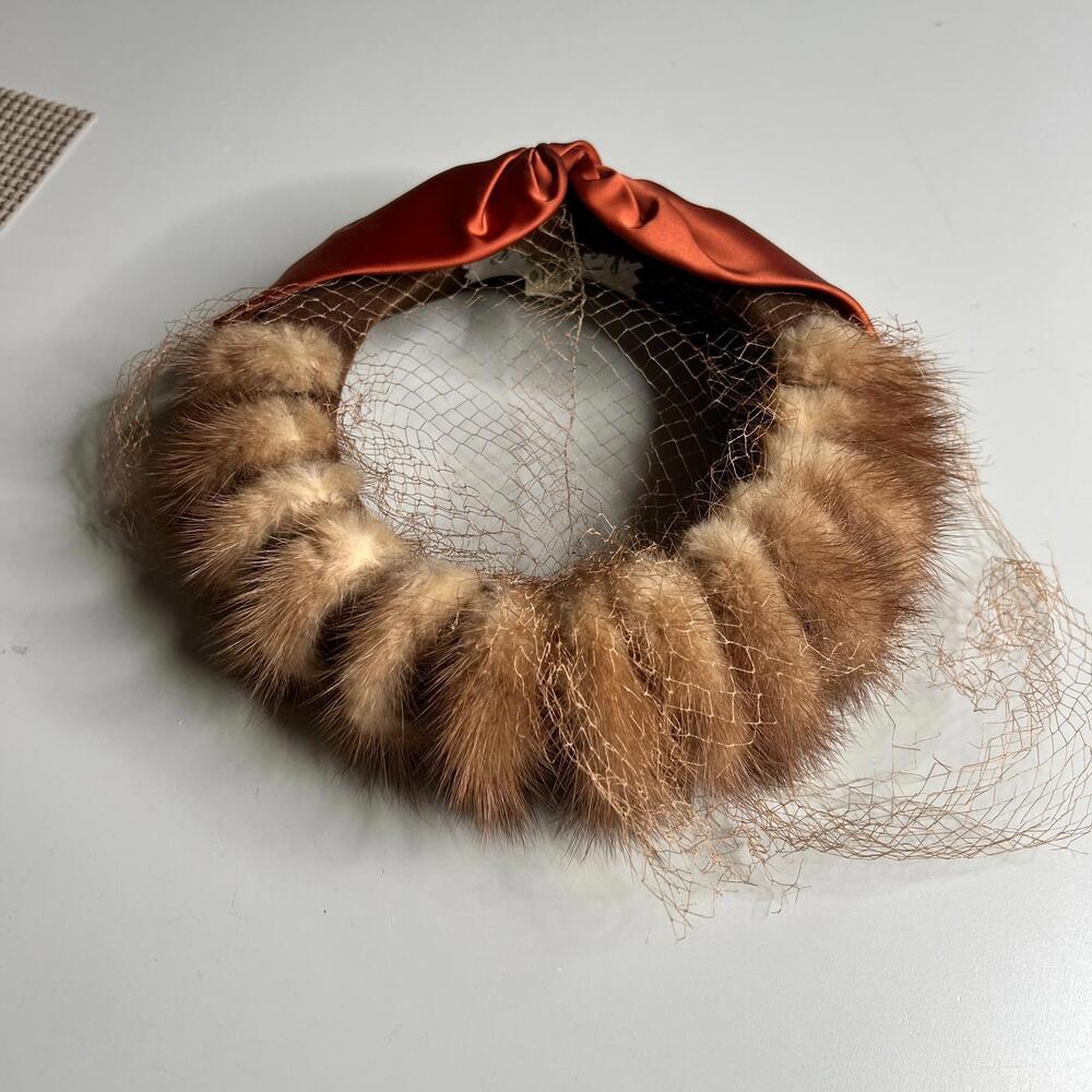 Vintage  Fur Hat with Veil Bow Brown 1950s‎ Union Made Retro h.c. prange co